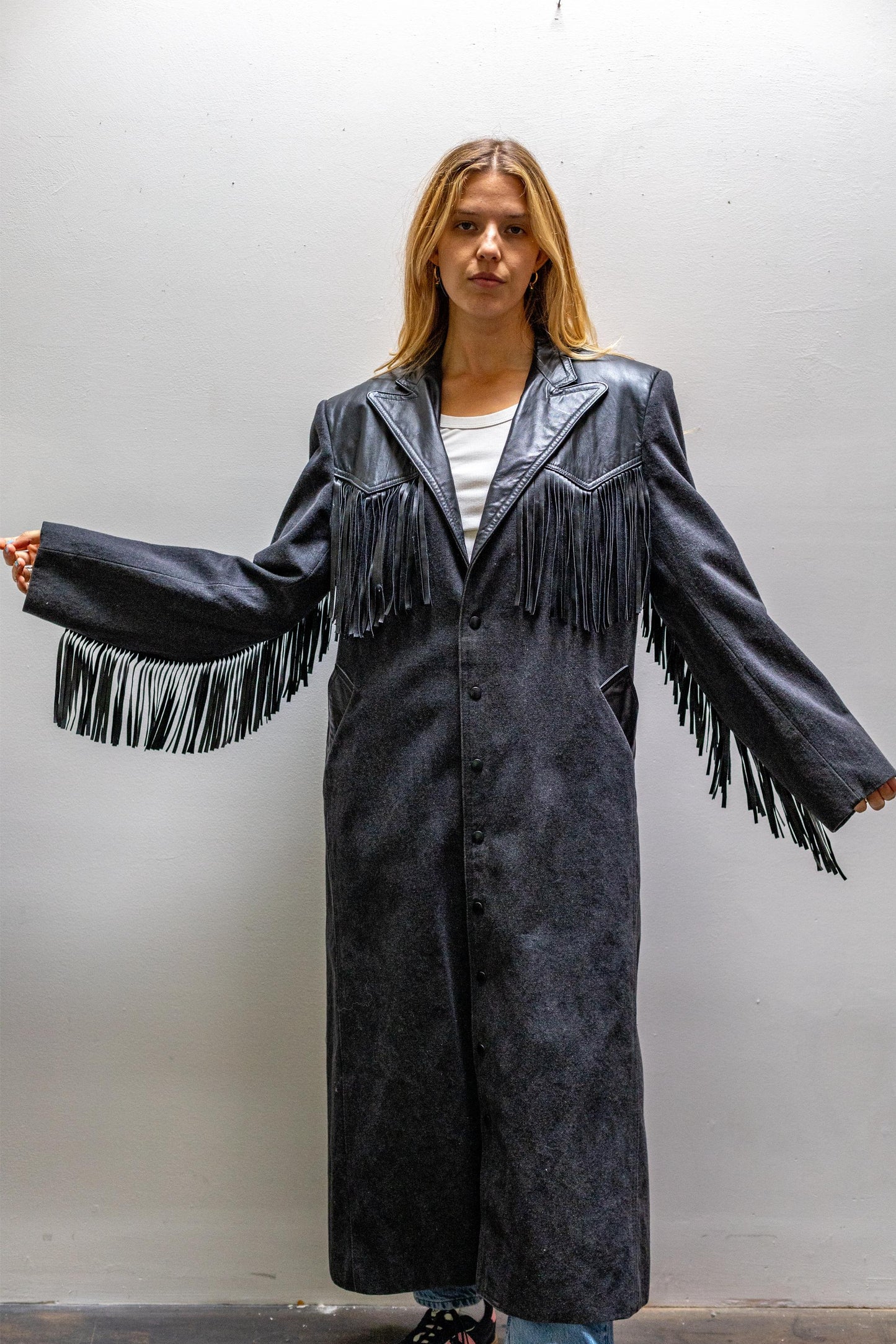 Diamond Denim & Leather Fringe Trench