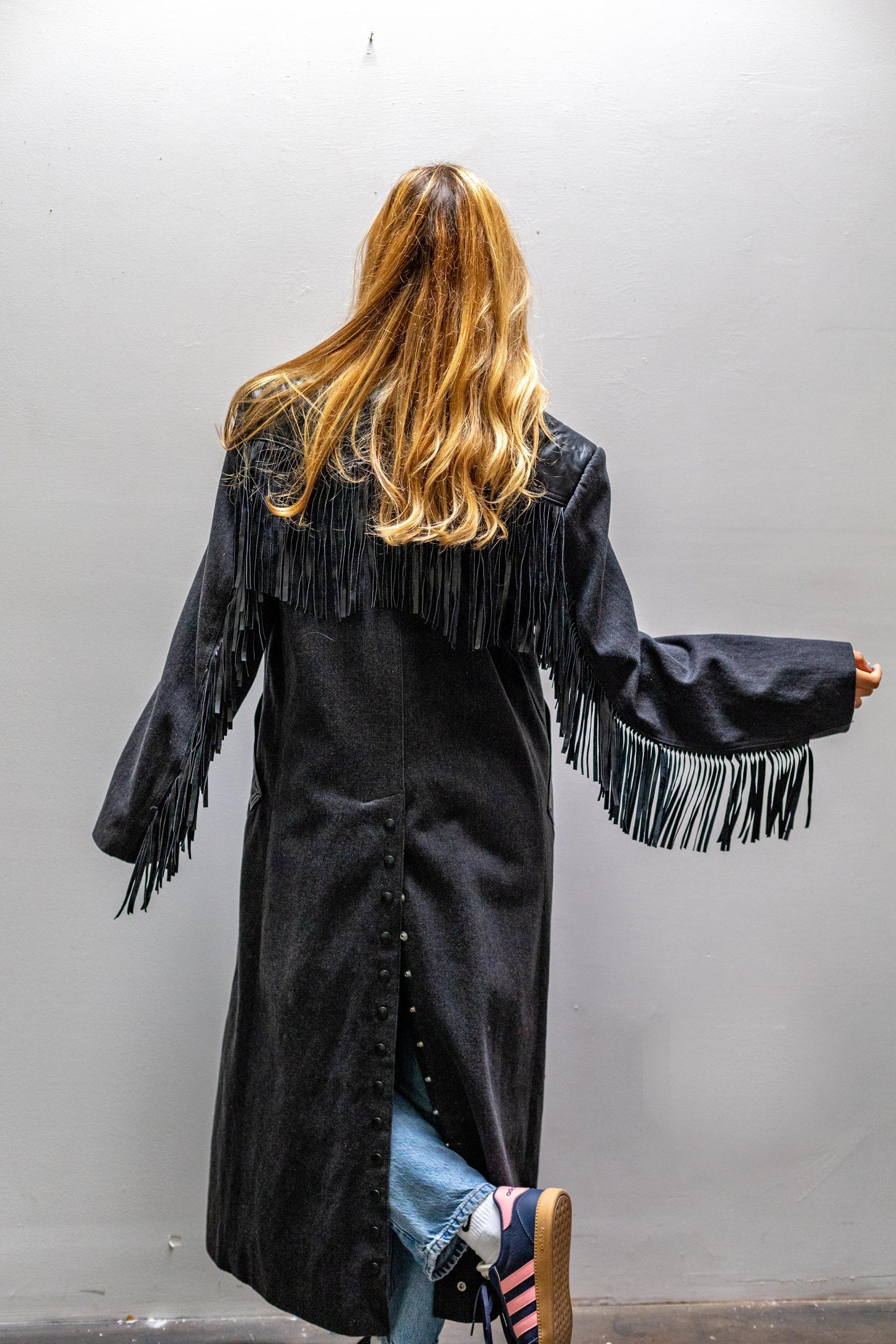 Diamond Denim & Leather Fringe Trench