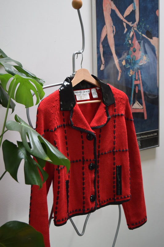 Caché x Michael Simon Knit Red and Patent Leather Sweater Jacket