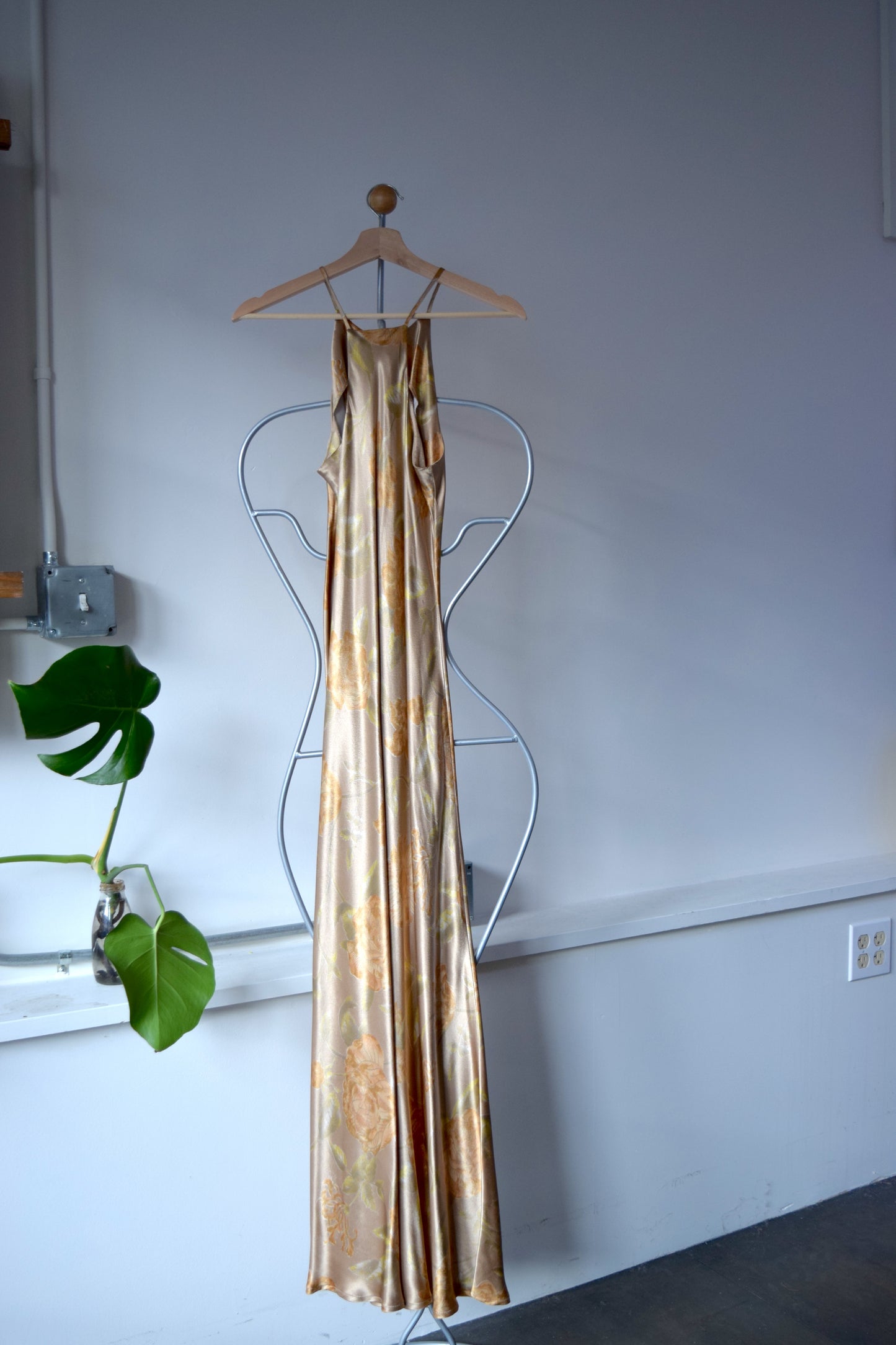 NYC Love Satin Gold Floral Maxi Dress